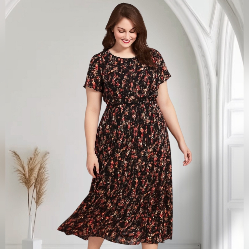 Lane Bryant Maxi Dress Womens 18 Black Red Floral‎ Flutter Short Sleeves Belted